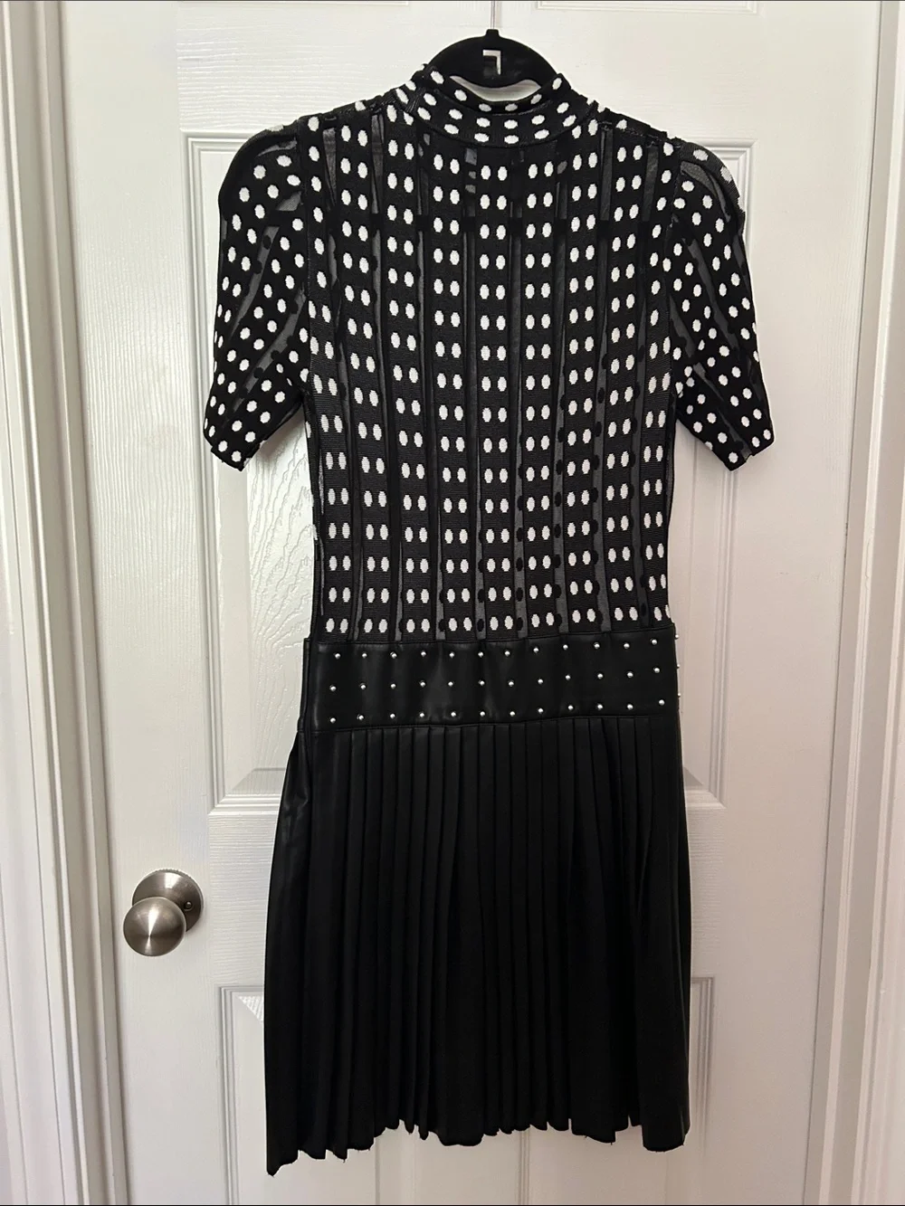 Karen Millen Shear Knit Black and White Polka Dot Pleated Leather Midi Dress